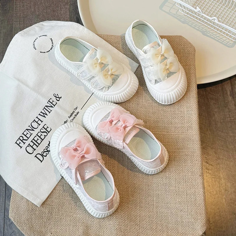 Girls Casual Flat Shoes Summer Children Versatile Bow Princess Shoes Kids Cute Sweet Mesh Tennis Shoes with Sequins 250527