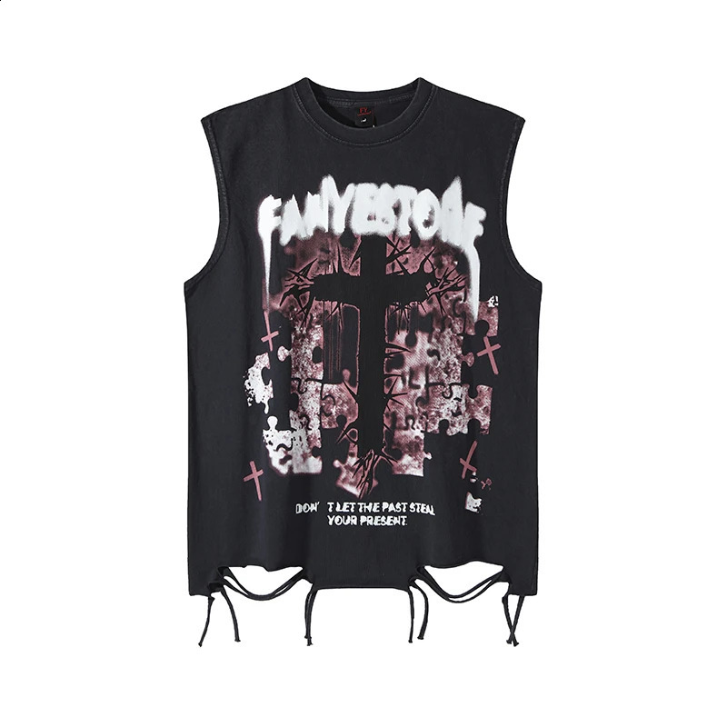 Summer Retro Cross Printed Tank Tops Y2k Men Oversize Sleeveless White Tshirt Hole Cut Vintage Washed Vest Cotton Streetwear 250517