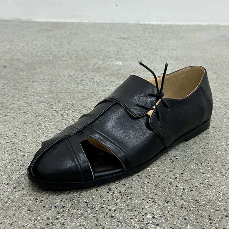 Genuine Leather Niche Design Round Toe Flat Deep Mouth Hollow Out Loafers Women Spring Autumn New Single Shoes
