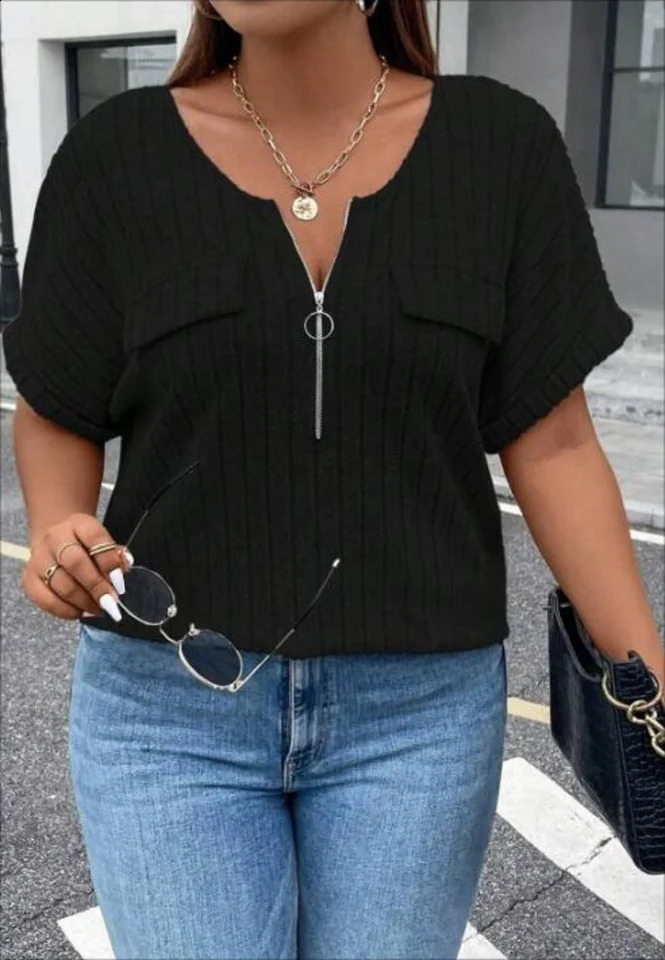 Womens Plus Size Solid Ribbed Zipper Short Sleeve Round Neck Slight Stretch Top 250520