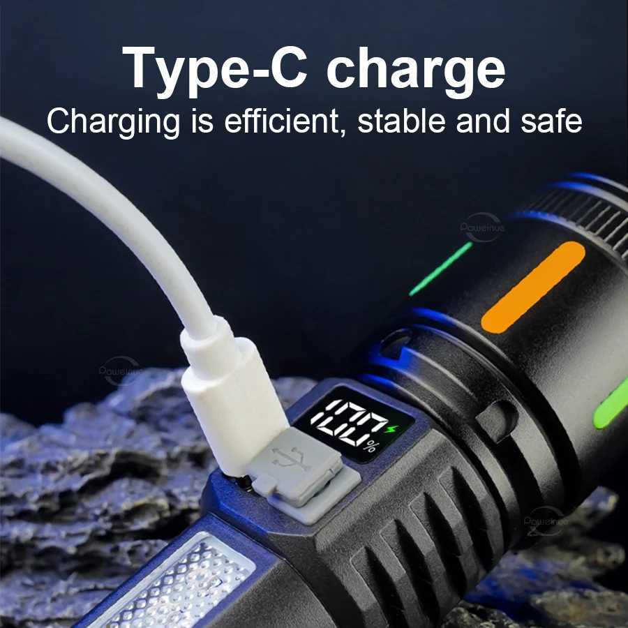 High Strong Power LED Flashlights with COB Light Ultra Bright USB Charging Tactical Torch Zoomable Outdoor Camping Fishing Lamps XJ250529