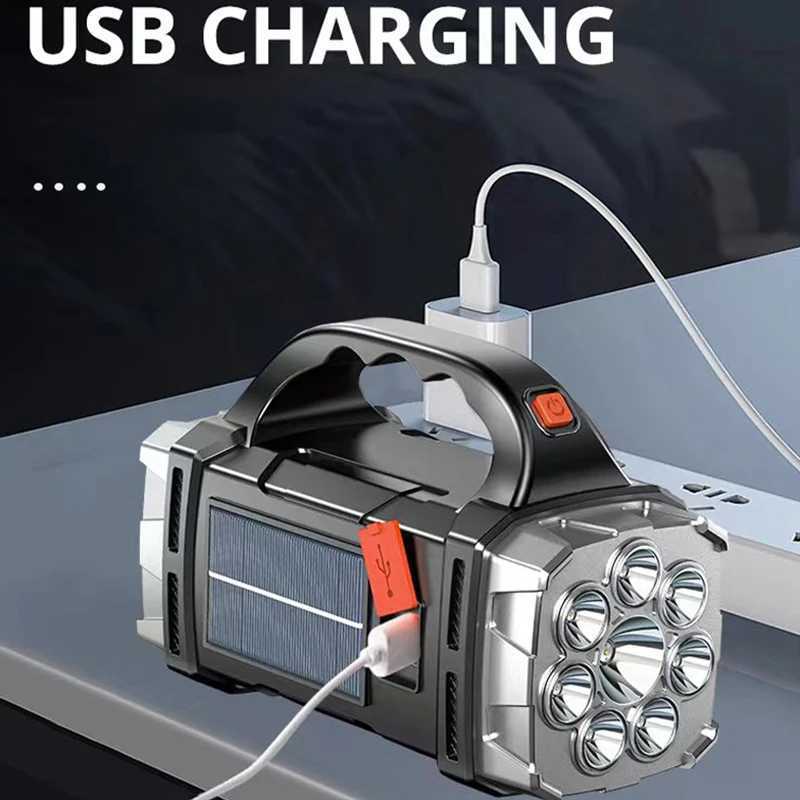 2024 Powerful LED Flashlight USB+Solar Rechargeable Flashlight COB Outdoor Camping Torch Portable Searchlight Power Bank OutdoorXJ250529