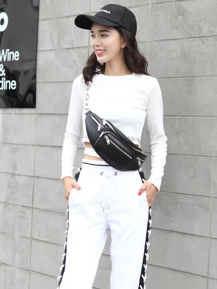 High Street Women Genuine Chest Casual Multi Pocket Waist Bags Fashion Cow Leather Sheepskin Chain Shoulder Bag Flap