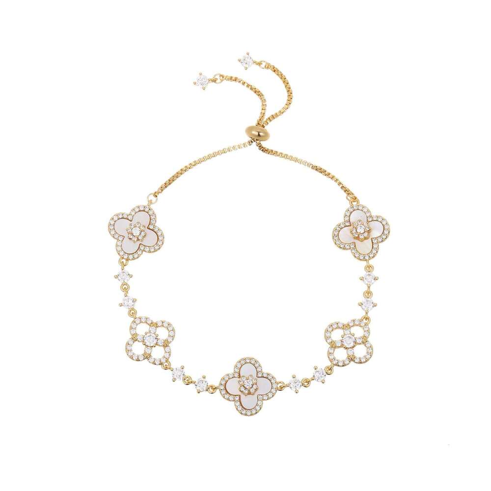 Light Micro-inlaid Zircon Lucky Clover Shell for Women, Adjustable Pull-out Design, High-end Exquisite Mother-of-Pearl Beaded Bracelet Jewelry