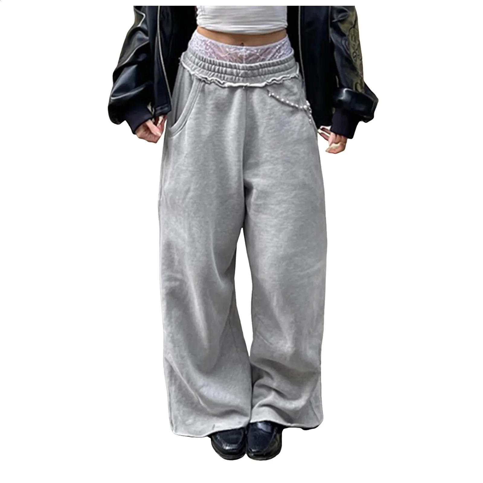 Weekeep Baggy Grey Sweatpants Stitching Pockets Elastic Low Rise Casual Straight Pants Y2k Street Style Women Trousers Harajuku 250529Z