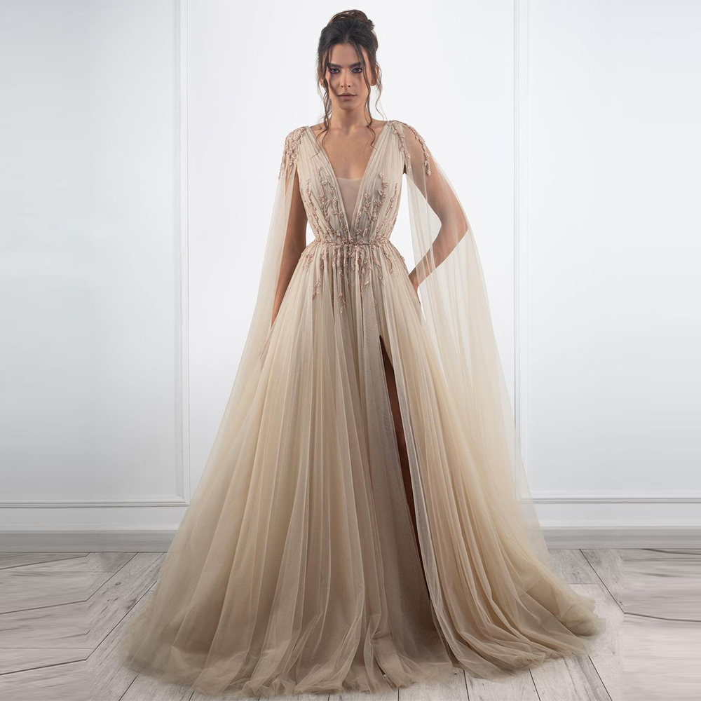 Sexy Deep V-Neck Prom Gowns Front Split Draped Printed Evening Dresses Classic Style Party Dresses