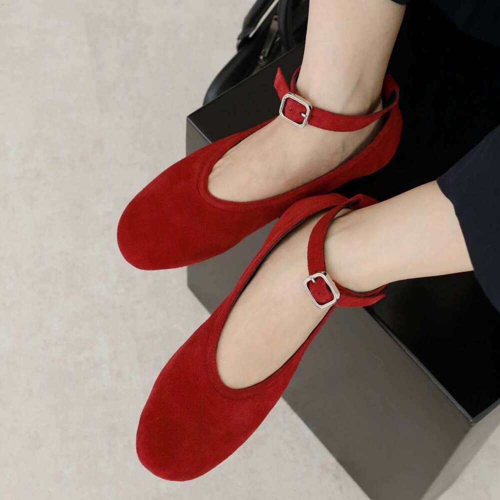 Genuine Leather French Classic Versatile Round Toe Shallow Mouth Ankle Strap Leopard Print Horsehair Flat Red Mary Jane Shoes for Women