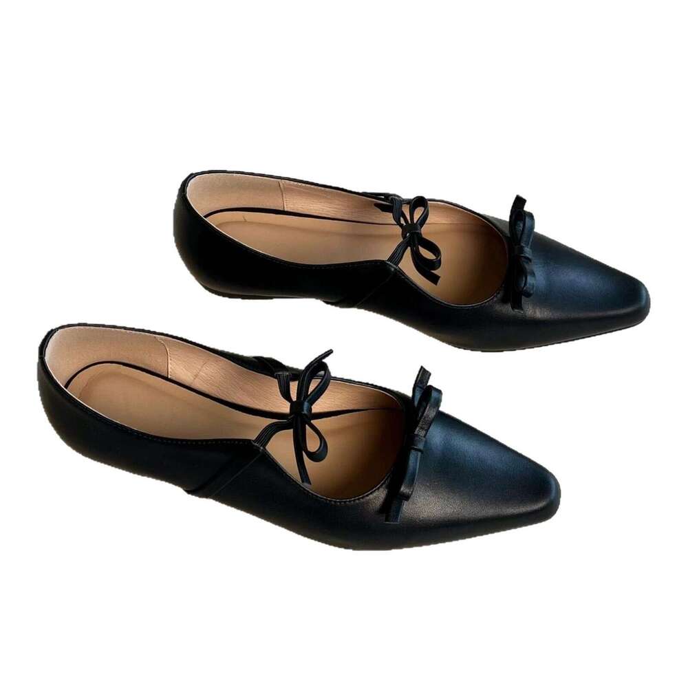Genuine French Pointed Toe Shallow Mouth Bowknot Flat for Women 2025 Spring New Versatile Mary Jane Small Leather Shoes