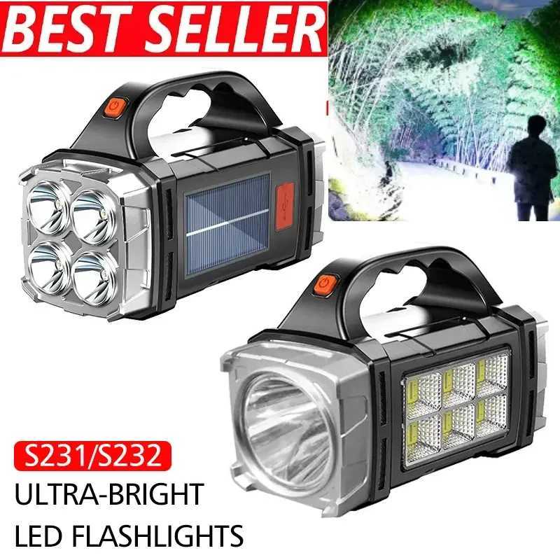 2025 Powerful LED Flashlight USB+Solar Rechargeable Flashlight COB Outdoor Camping Torch Portable Searchlight Power Bank Outdoor XJ250529