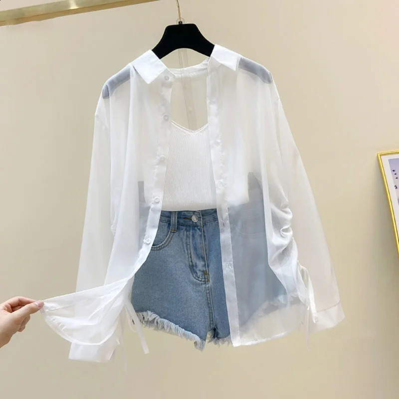 Shirts Women Sunproof Thin Summer Transparent Fashion Casual Retro Sweet Cool Streetwear Holiday Allmatch Beach Young 250529Z