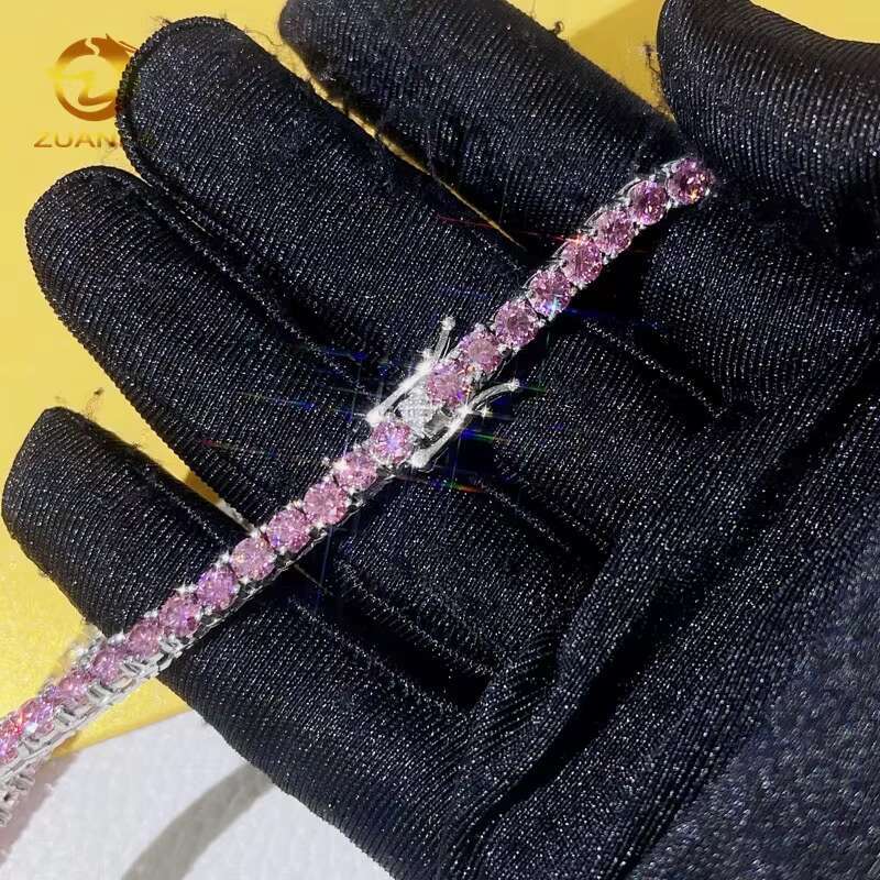 Custom Made Pass Diamond Tester Sterling Silver White Gold 3MM 4MM Pink Moissanite Tennis Chain