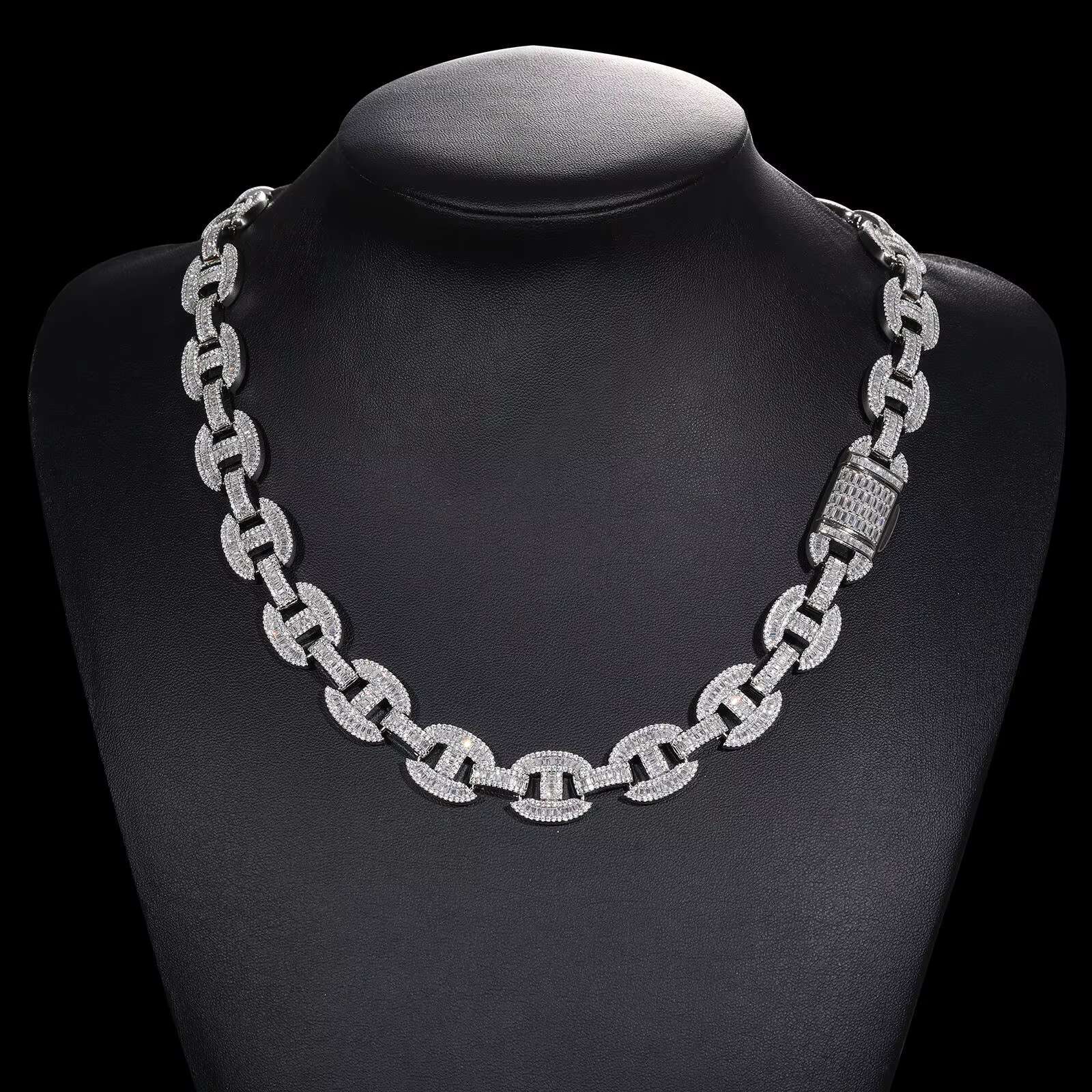 High Quality 925 Sterling Silver Mens Necklace 16mm Baguette Link Chain with VVS Moissanite Iced Out Cuban Style