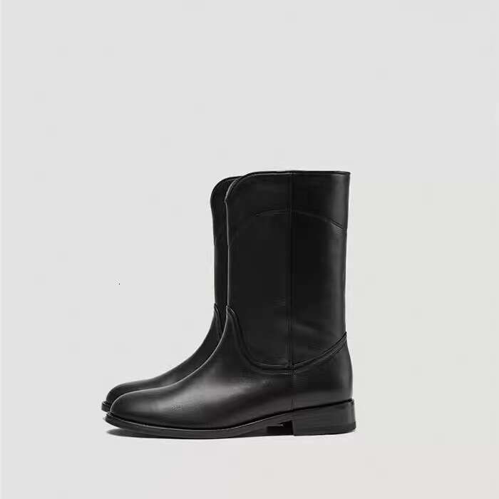 Genuine Leather Korean Style V-Cut Wide Mid-High Tube Flat Martin Mid-Calf Women 2024 New Autumn Winter Riding Boots