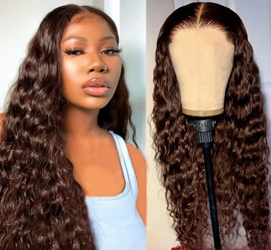Chocolate Brown Curly Lace Front Human Hair Wigs 13x4 13x6 Brazilian Deep Wave Transparent HD Synthetic Lace Frontal Wig