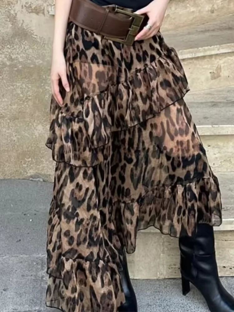 Nibber Summer Ruched Tierred Long Skirt Women Leopard Print High Waist Stretch Bottoms Spicy Girls Fashion Trend Wild Streetwear 250528