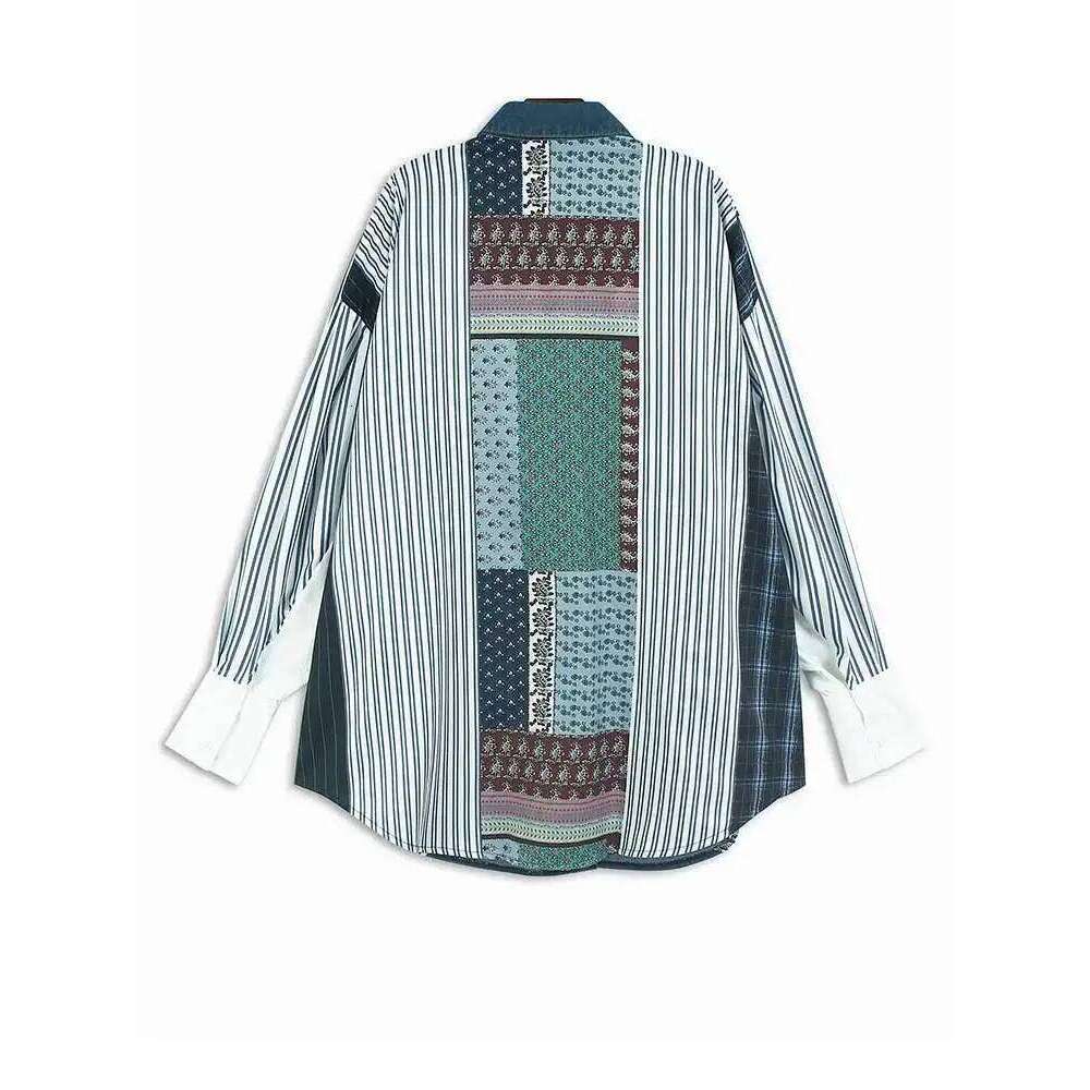 Women's Wear Women Blue Pattern Printed Denim Big Size Blouse New Lapel Long Sleeve Shirt Fashion Tide Spring Autumn 1Dh4876