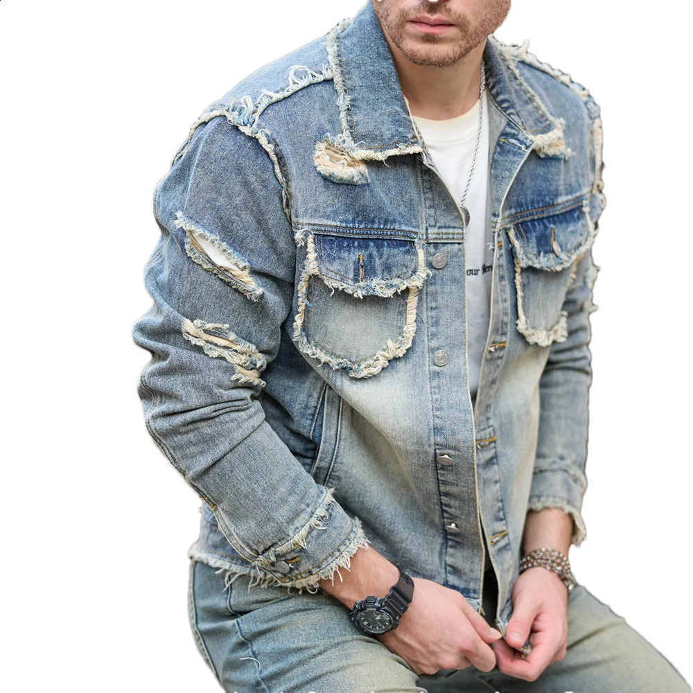 Street Stylish Retro Style Holes Slim Street Denim Jacket Coat Good Quality Distressed Male Casual Denim Jacket 250521