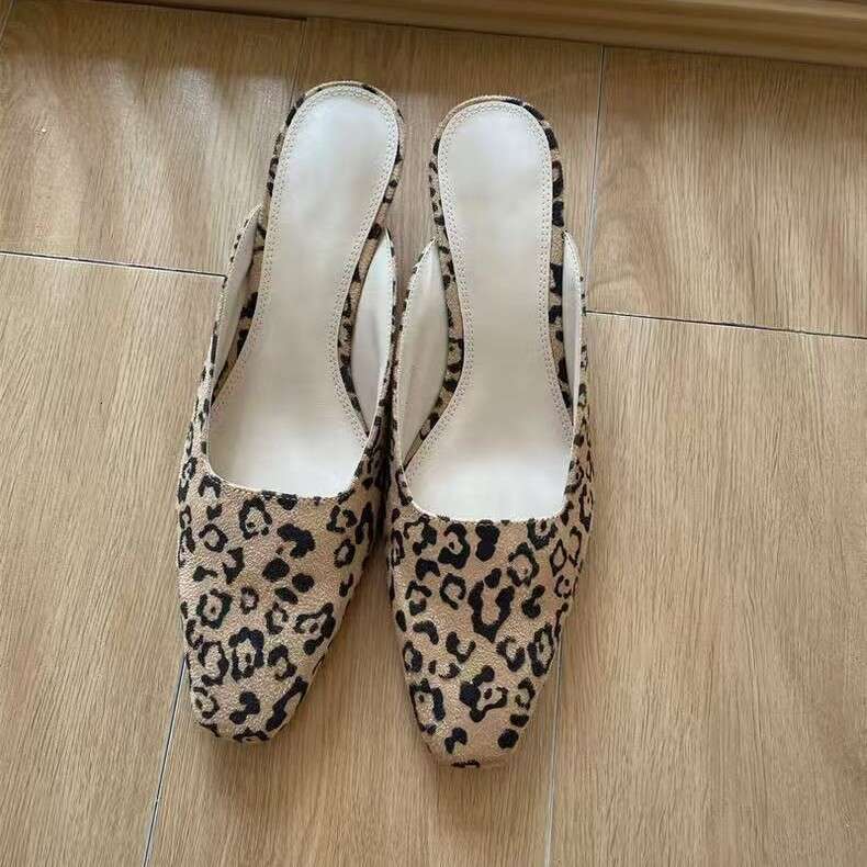 Genuine Leather Niche Leopard Print Stiletto Heel for Women 2025 Spring Summer New Mid-Heel Outdoor Sandals Mules