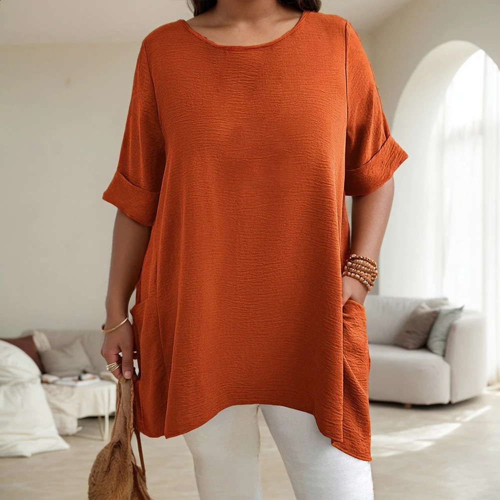 Plus Size Womens Solid ONeck Dropped Shoulder Sleeve Pockets Tunic Tops Summer Ladies Casual Pullover T Shirts Tee 1XL5XL 250519
