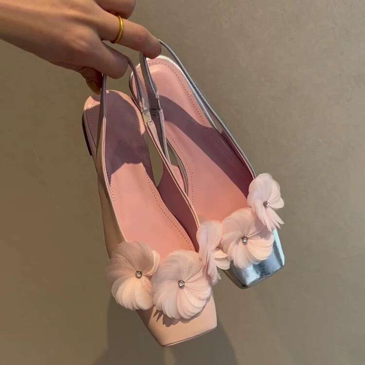 Cowhide Version ~ Fairy Style Flower Peep-Toe Sandals for Women 2025 Summer New Square Toe Flat Back Strap Single Shoes