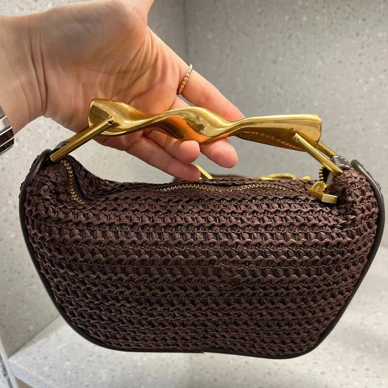 Summer Rattan Woven Crossbody Shoulder Bag,Half-Moon Beach Tote Bag,Women Designer Purse,Casual Metal Handle Straw Handbag