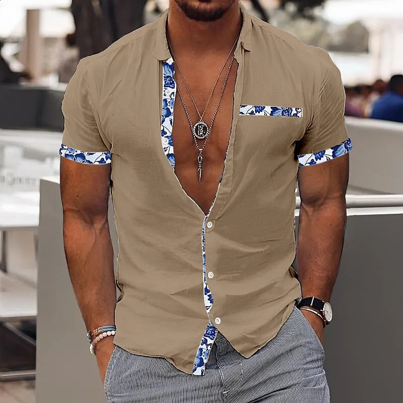 Fashionable Mens Hawaiian Shirt Casual Solid Color Printed Beach Pocket Short Sleeve Large Size 5XL Style Multi 250526