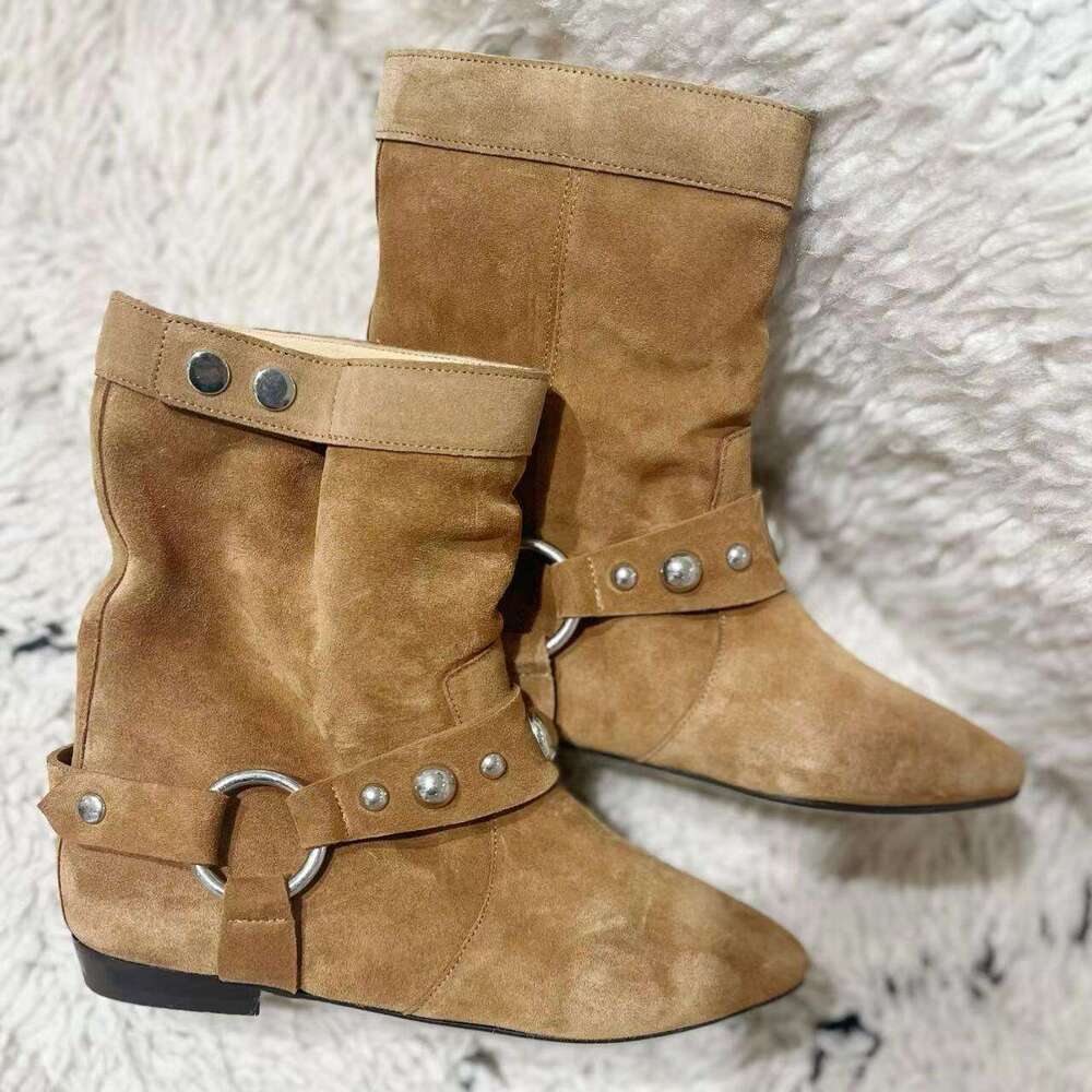 Niche Suede Metal Ring Pointed Toe Western Cowboy for Women 2024 New Flat Slim Short Boots