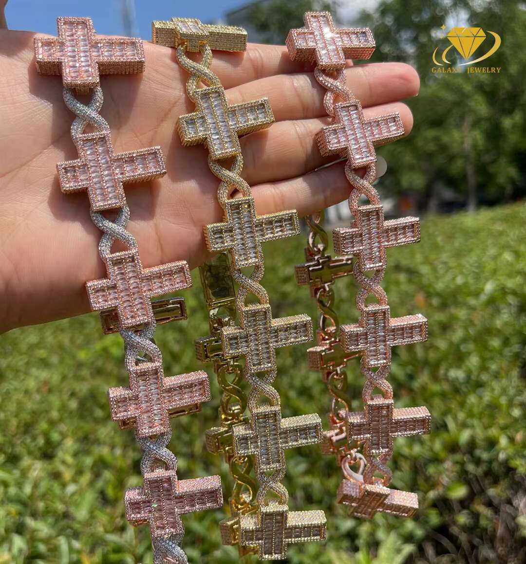 Pass Diamond Tester Moissanite Jewelry 15mm Hip Hop Mens Bracelet Iced Out Baguette Cross Infinity Cuban Link Chain Necklace