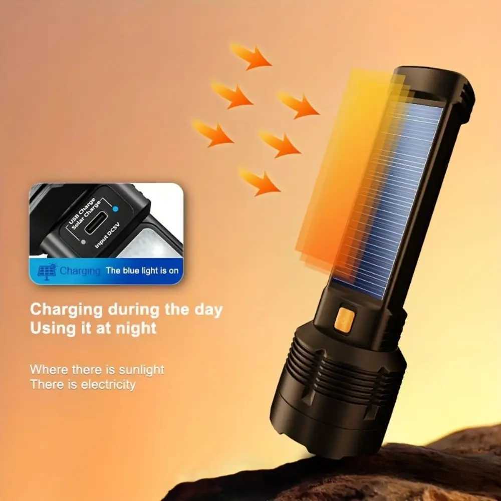Multi-function Solar LED Flashlight Lantern Outdoor Long Range Torch Emergency Power Bank LED Solar Flashlight XJ250529