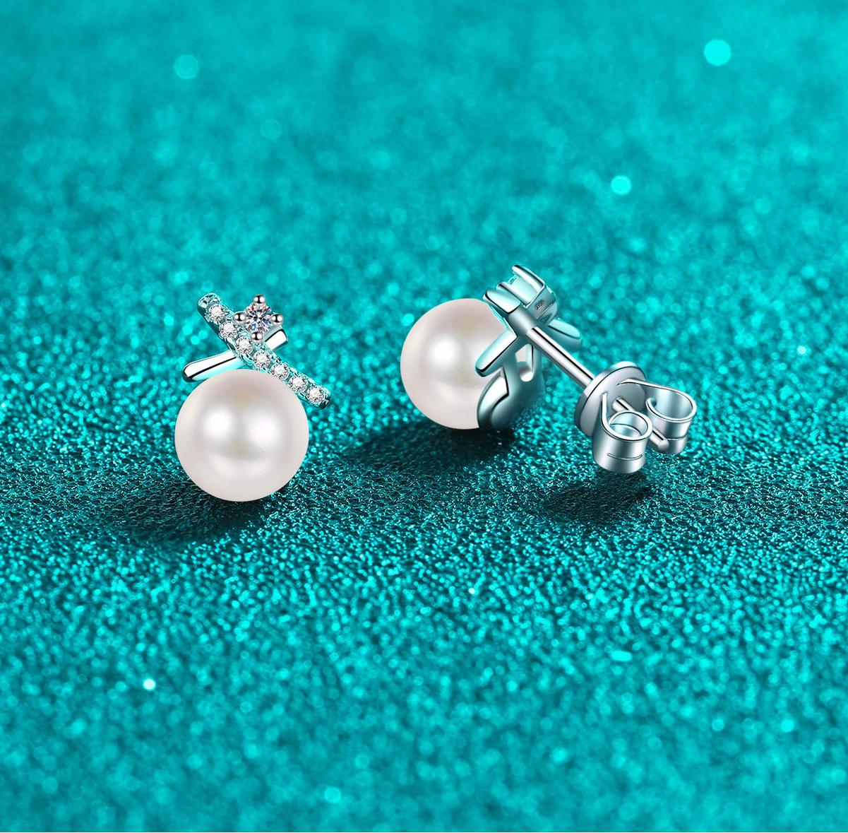 S925 Sterling Silver Women's Cross Design Minimalist Earrings, Moissanite Pearl Studs, Versatile Fashion New Arrival Jewelry