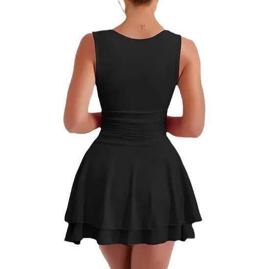 Spring Summer New Square Collar Chest Strap Short Skirt Waist In Mini Party Sleeveless Gathered Hemline Dress