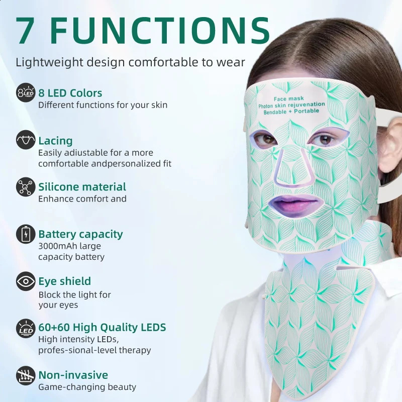 8 Colors Facial LED Mask with Neck Red Light Near Infrared Beauty Mask Aging Skin Rejuvenation 250528