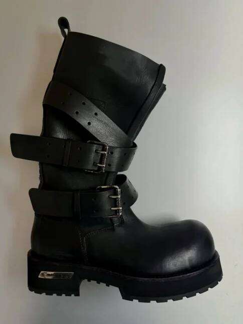 Round Toe Flats Black Leather Womens 2025 New Buckled In Venom Boots Big Size Soft Shoes Z260122