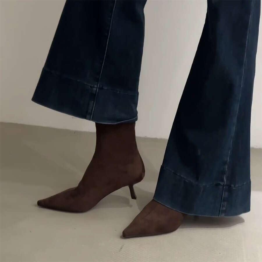 Korean Style Suede Thin Mid Heel Pointed Toe Slimming Short Women 2024 Autumn Winter Height Increasing Martin Denim Boots