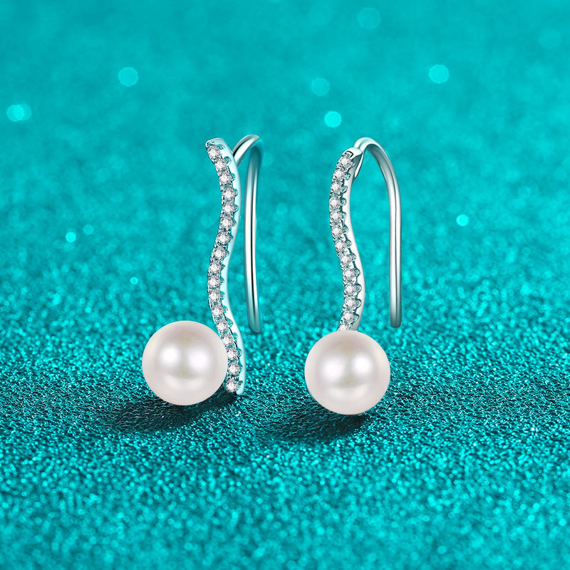 Luxury Women's Wavy Patterned S925 Silver Earrings Featuring Real Moissanites and Cultured Pearls