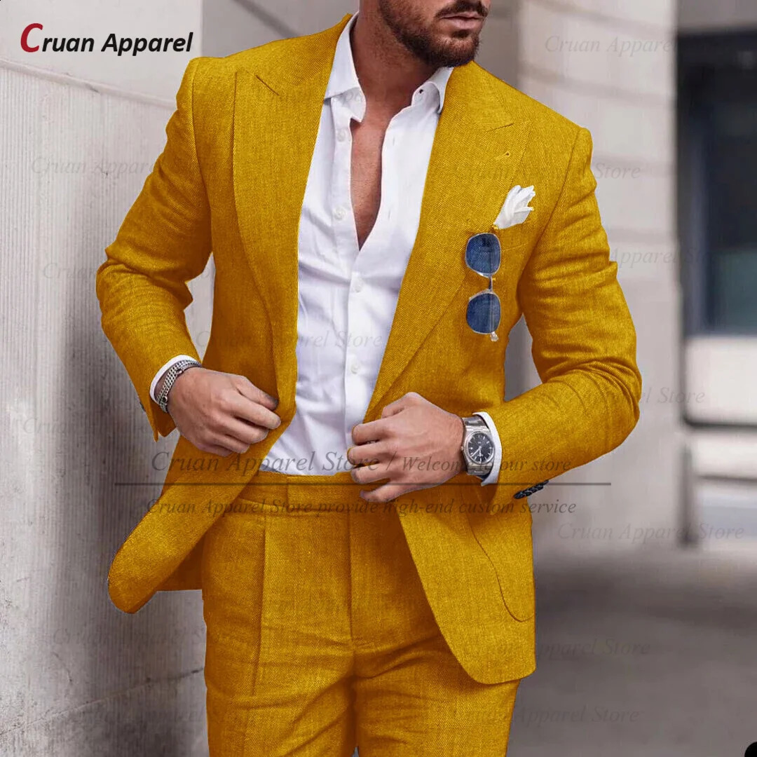 Fashion Sky Blue Linen Suit Set For Male Casual Party Fashion Blazer Pants 2Pieces Wedding Groomsman Formal Peaked Lapel Outfits 250522