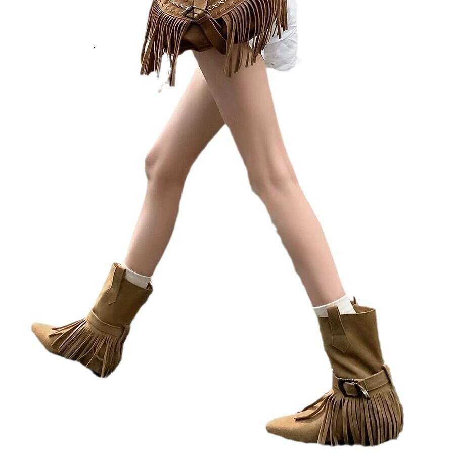 Unique Two-Way Design Fringe Pointed Toe Martin Western Cow for Women Autumn Winter Mid-Calf Flat Short Boots