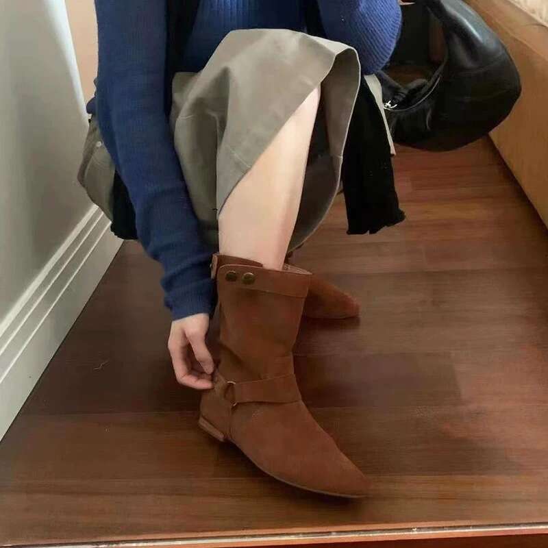 Korean Style Suede Niche Pointed Toe Buckle Flat Short for Women Autumn Winter Versatile Slim Western Cowboy Martin Boots