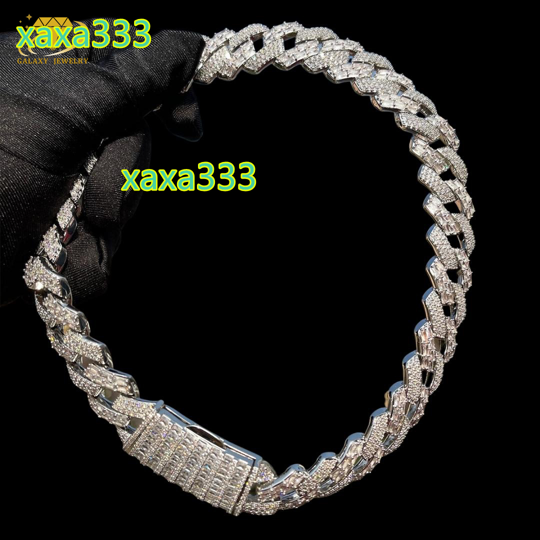 Popular 15mm Moissanite Diamond Round Cut Baguette Clasp Iced Out Bling Hiphop 925 Sterling Silver Cuban Link Chain Necklace