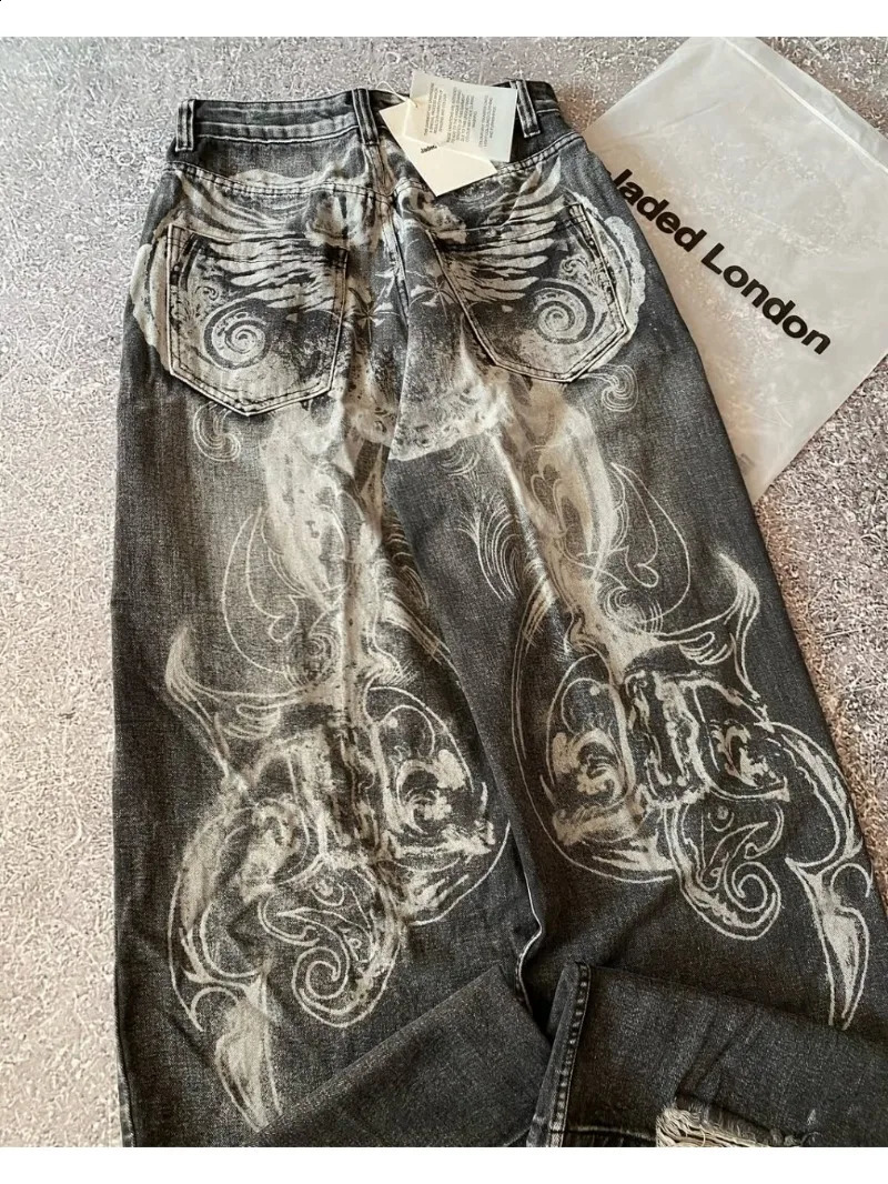 Y2K American Hole Oversized Printing Washed Old Casual Jeans Men Punk Fashion Vintage Hip Hop High Waist Wide Leg Pants 250526