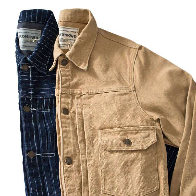 Women's Wear Heavyweight American Vintage Ameki Vertical Stripes Slim Fit Canvas Denim Workwear Jackets Autumn 100% Cotton Men's Coats Y2k