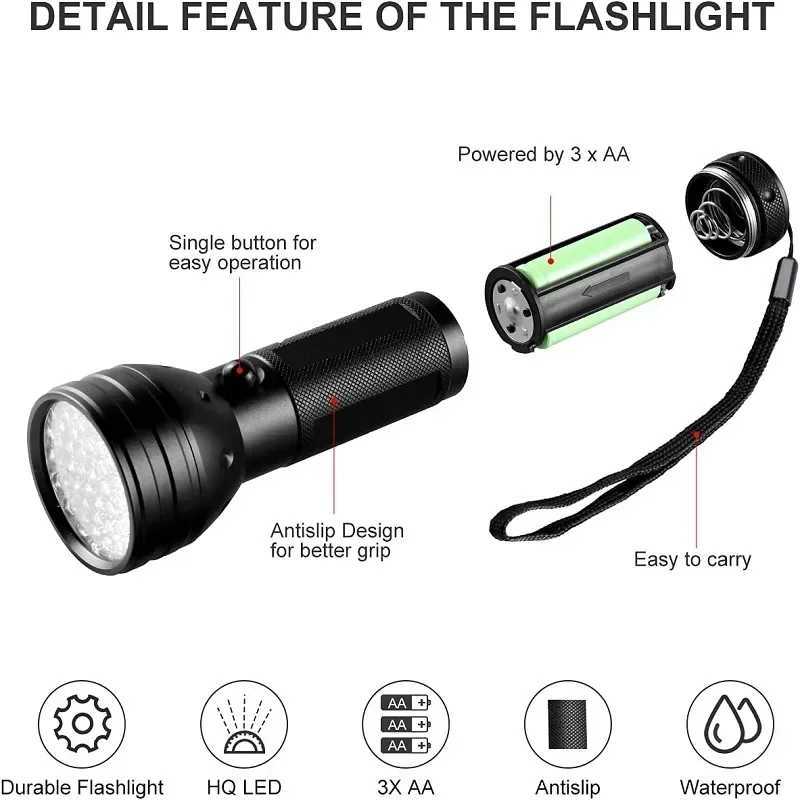 395nm UV Flashlight Black Light Waterproof 51 LED Flashlight Set with AA Battery for Home Hotel Inspection Pet Urine Detector XJ250529