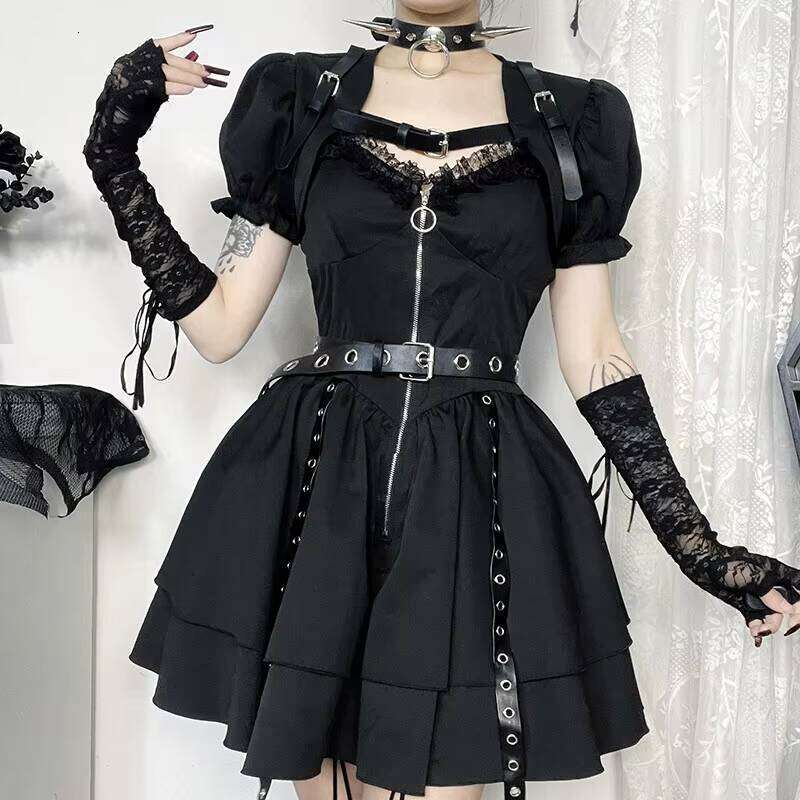 Y2k Black Gothic Lolita Shoulder Top Punk Style Bandage Mini Dress Women Sexy Dresses Club Clothes