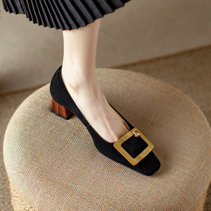Chengdu Style ~ Square Toe Metal Suede Shallow Mouth Single Shoes for Women Spring New Elegant Versatile Chunky Heel Loafers