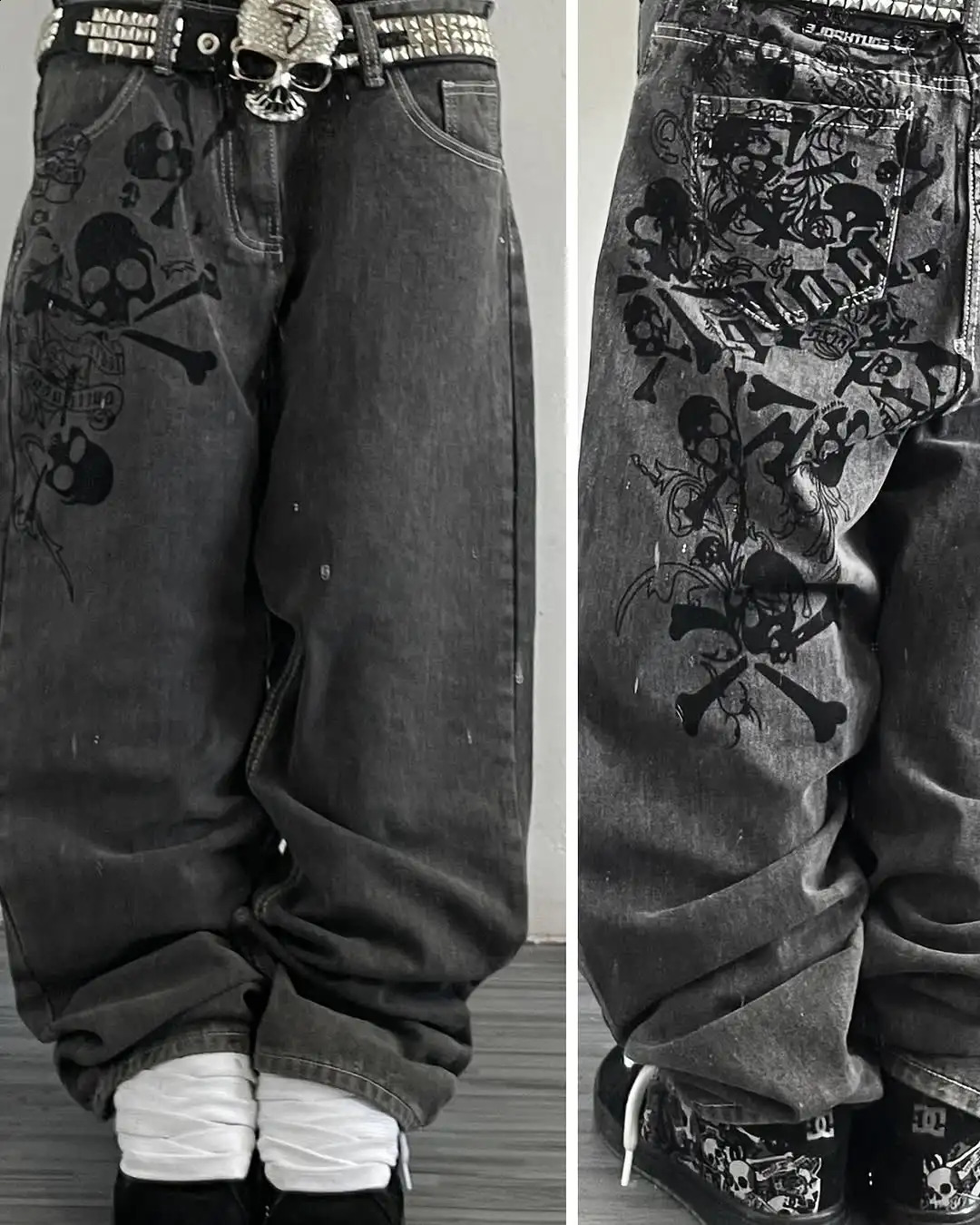 Y2K Street Skull Embroidered Jeans American Fashion Trendy Retro Pants Men Hip Hop Gothic Harajuku Punk Loose Wide Leg Pants 250526