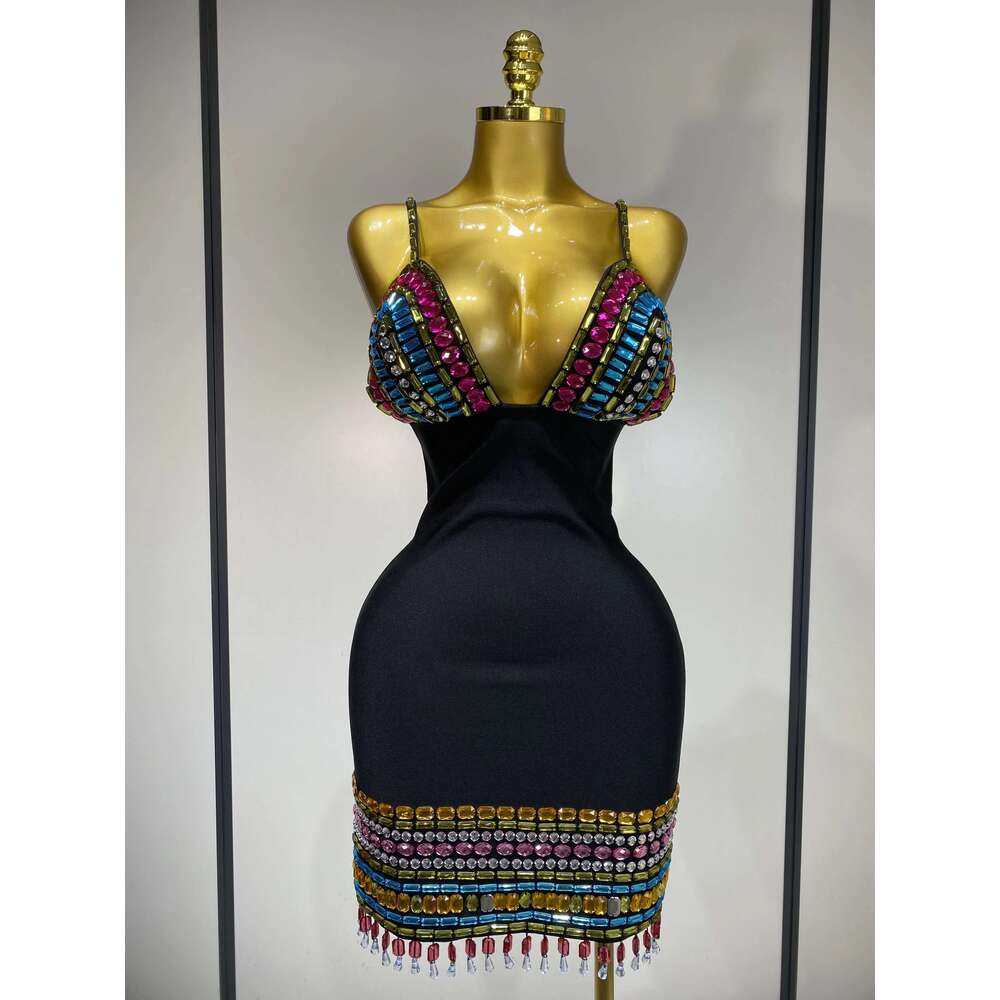 Sparkly Colorful Dias V Neck Black Bodycon Bandage Dress 2025 Celebrity Elegant Evening Club Party Birthday Dresses