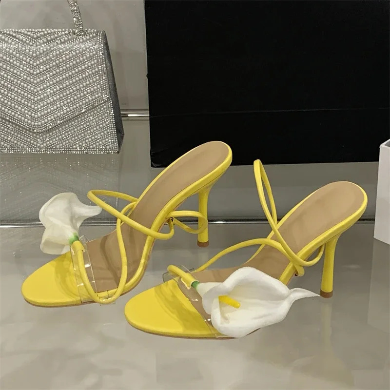 Eilyken Sexy PVC Transparent Flower Narrow Band Women Sandals Street Style Open Toe Thin High Heels Party Prom Shoes 250526
