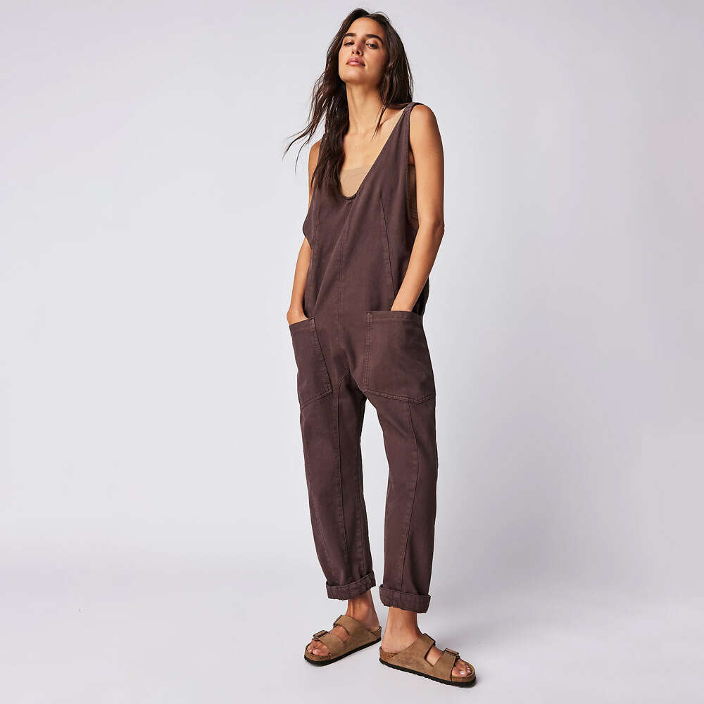 Autumn Winter Quick Buy New V-Neck Pocket Adjustable Strap Denim Jumpsuit B5