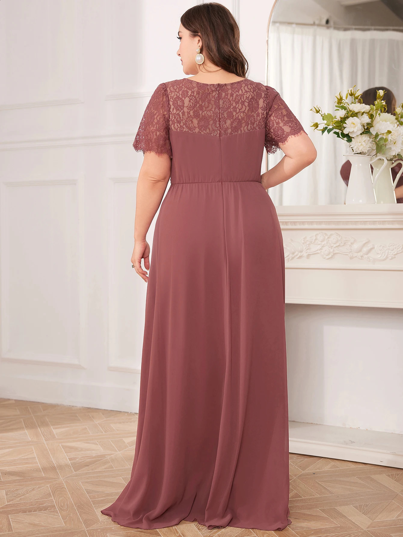 Unithorse Plus Size Womens Lace Applique Sleeve Bust Ruched Chiffon Formal Evening Dress 250517
