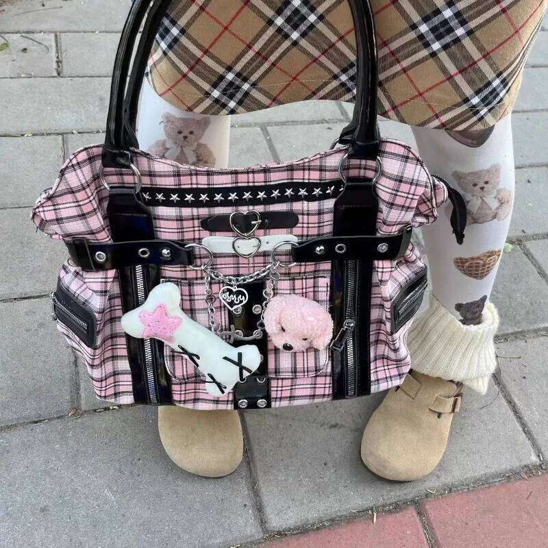 MBTI Pink Womens Shoulder Plaid Canvas Y2k Original Punk Fashion Tote Bag Aesthetic Literary Rivets Large Capacity Handbag